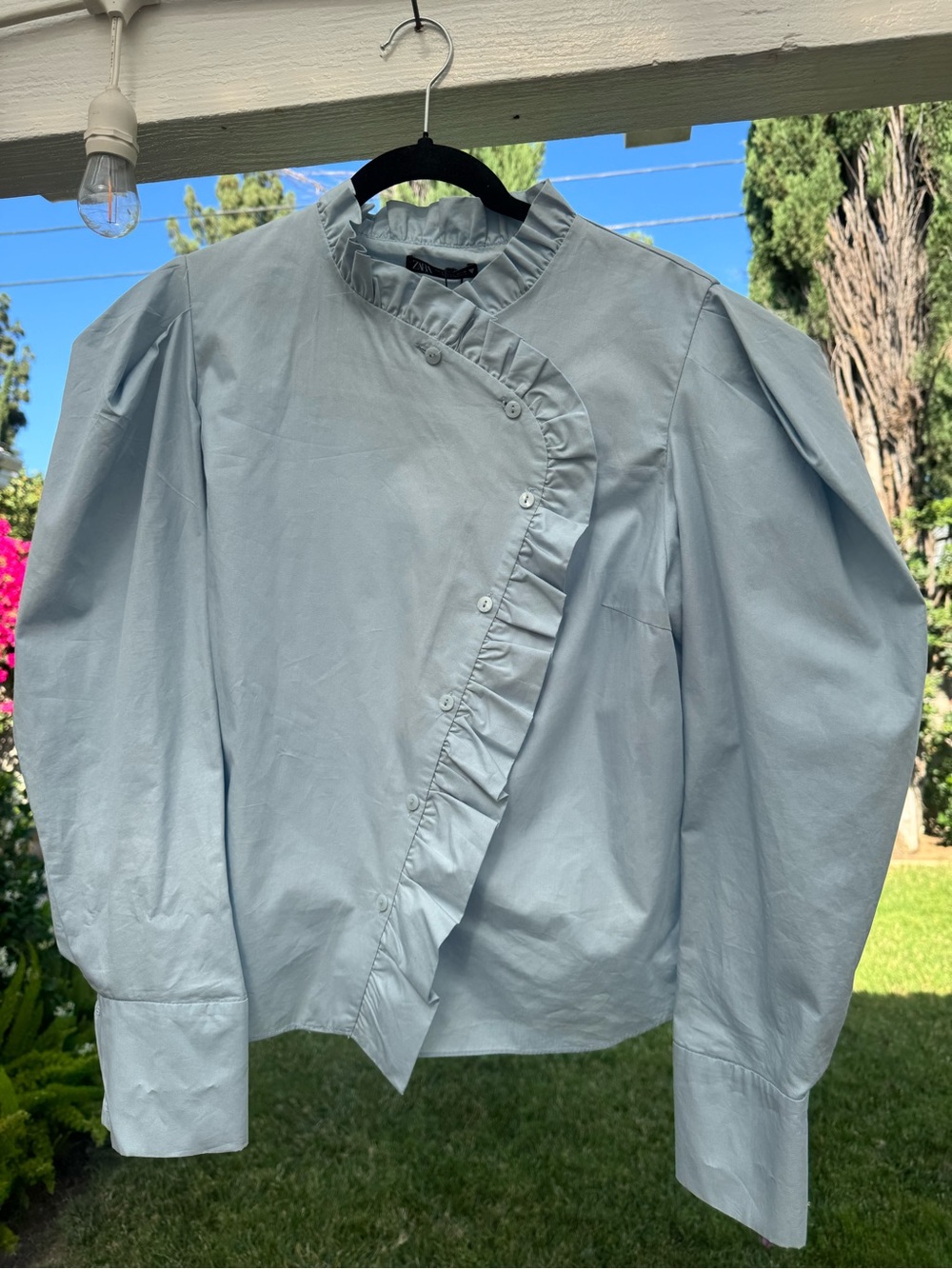 Zara Light Blue Ruffle-Trim Puff Sleeve Blouse
